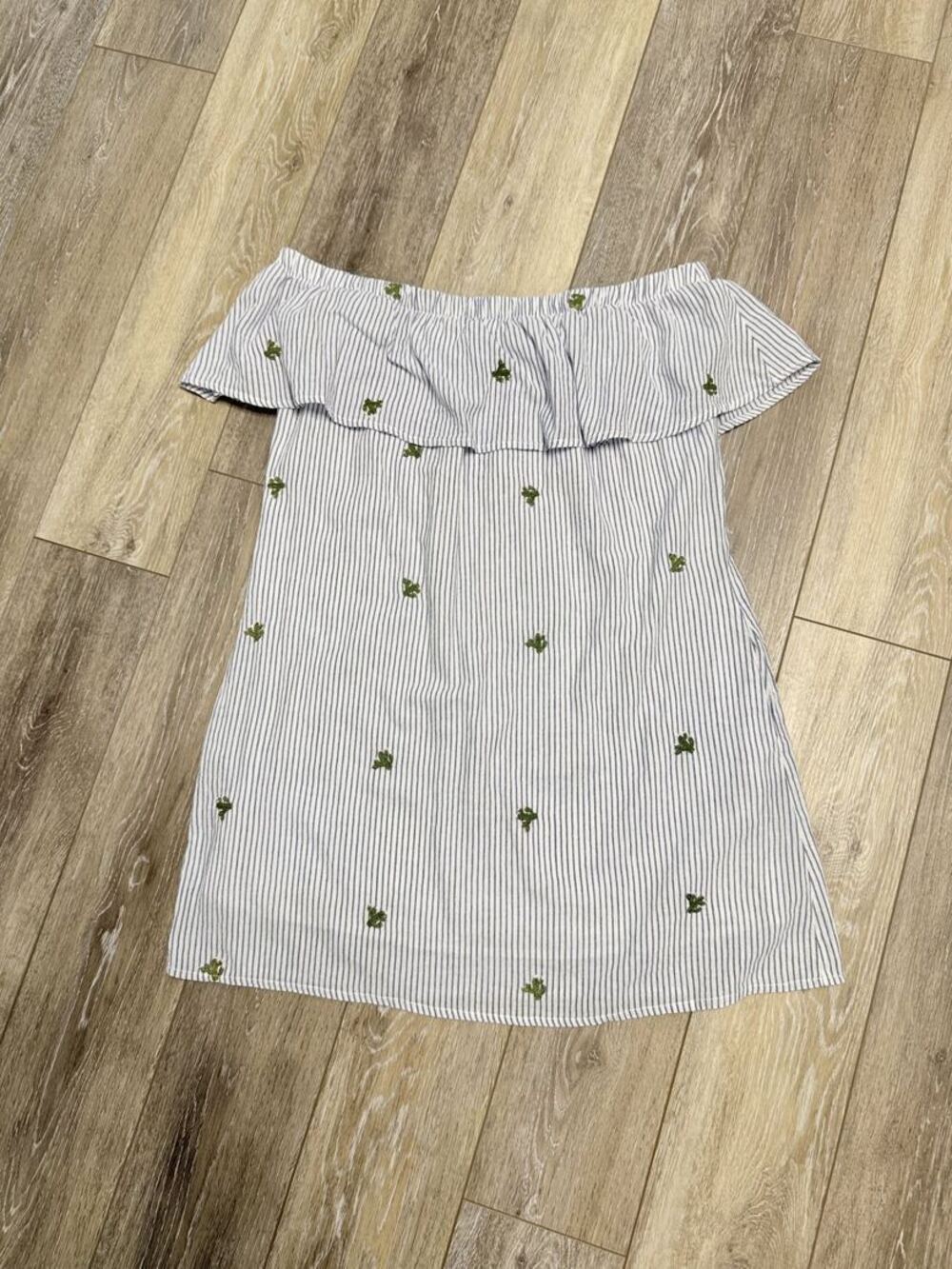 PPLA Agave Bee Embroidered Striped Off Shoulder Mini Dress M